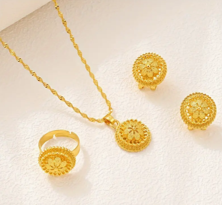 Mahalati 4pc Earrings Necklace Ring 24K Gold Filled Set