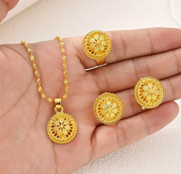 Mahalati 4pc Earrings Necklace Ring 24K Gold Filled Set