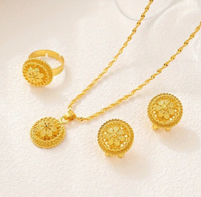 Mahalati 4pc Earrings Necklace Ring 24K Gold Filled Set